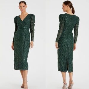 MAC DUGGAL NWT 93676 Beaded Lace Long Sleeve Midi Dress Emerald Size 2 $458